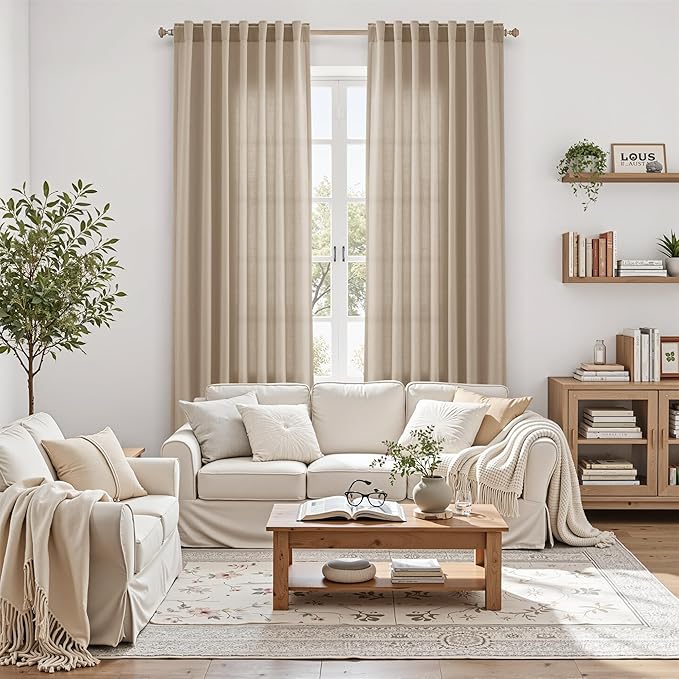 Sepia Beige Linen Curtains 102 Inches Long for Living Room Rustic Farmhouse Decor Light Filtering Semi Sheer Curtain Back Tab Neutral Modern Luxury Drapes for Bedroom Office 52x102, 2 Panels