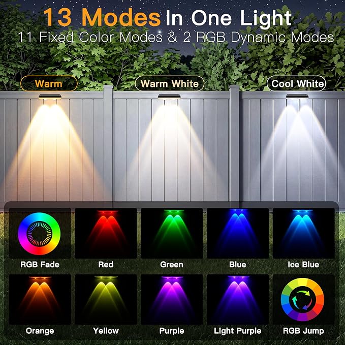 Solar Fence Lights Outdoor 12 Pack, 11 Colors & 13 Lighting Modes, IP65 Waterproof Dusk to Dawn LED Fence Lights Solar Powered for Outside Backyard Pool Wall Step Patio Deck Stair Railings