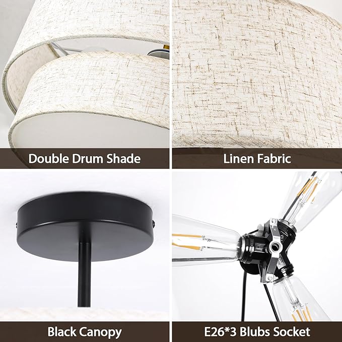 16" Semi Flush Mount Ceiling Lights, 3 Light Entryway Ceiling Light Fixtures with Double Drum Linen Fabric Shade, Large Drum Light Fixture for Bedroom, Foyer and Hallway
