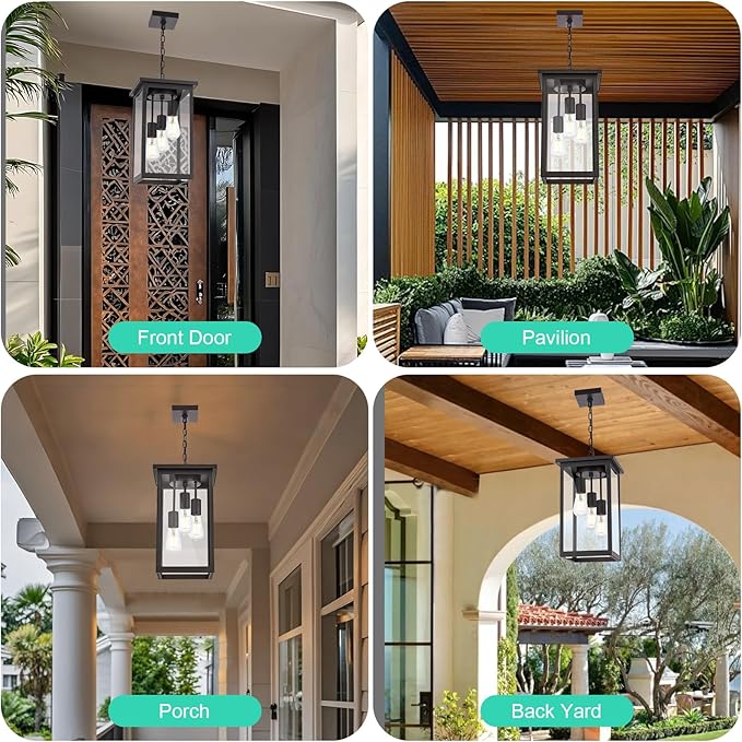 Yaohong Outdoor Pendant Light Fixture, 3-Light Vintage Oil Rubbed Bronze Farmhouse Exterior Hanging Lights with Clear Glass and Adjustable Chain, Outdoor Hanging Lantern for Porch Entrance Foyer Front