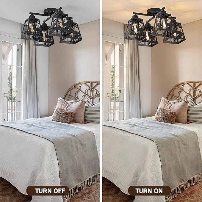 Farmhouse Rustic Deer Light Fixtures, 4 Light Black Semi Flush Mount Rotation Arm Ceiling Lights for Kitchen, Living Room, Hallway, Bedroom, Entryway (Bulbs not Included)