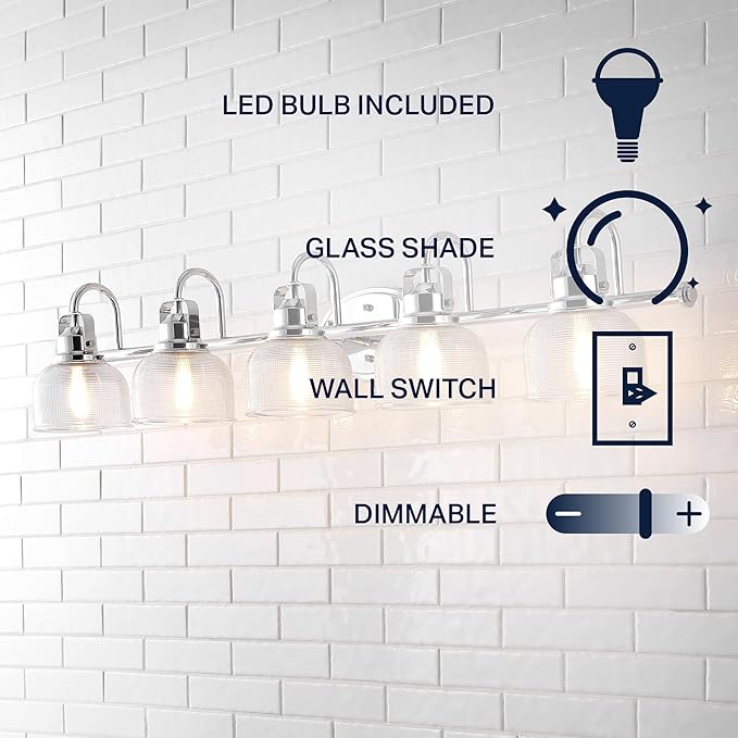 JONATHAN Y 42.75" Chrome Modern Bathroom Vanity Light, 5-Light LED Wall Sconce, Clear Glass Bell Shade for Mirror Hallway Kitchen, ETL Listed, LED Bulb Included (JYL7903A)