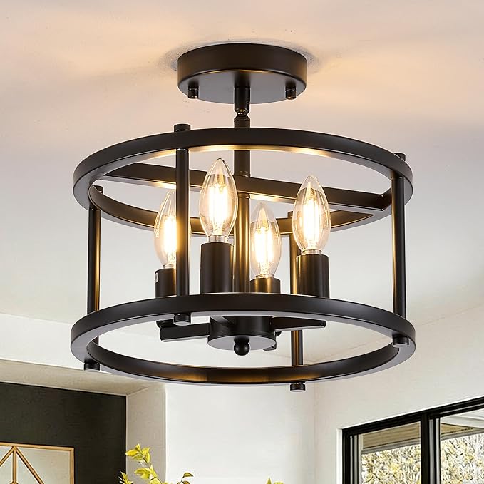 Black Semi Flush Mount Ceiling Light, 4-Light Farmhouse Industrial Ceiling Light Fixture for Hallway Entryway Kitchen Bedroom, Rustic Metal Low Ceiling Light, E12 Base, Bonus Bulbs