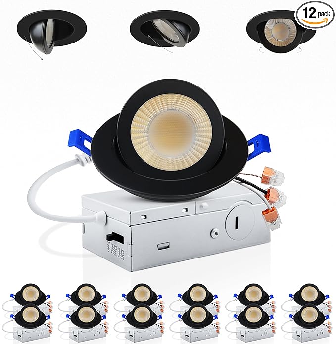 Adetu 3 Inch Gimbal Balck Led Recessed Lighting, 360°+90° Adjustable Directional Led Recessed Lights, 2700K/3000K/3500K/4000K/5000K Dimmable Retrofit Eyeball Can Lights with Jbox,ETL (Black, 12 Pack)