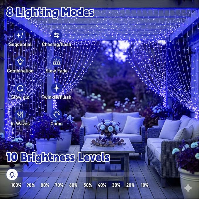 Curtain Light for Bedroom, 200LED 6.6x6.6ft Blue Window Wall Hanging Fairy Curtain String Light, 8 Modes Remote Fairy String Lights Indoor for Wedding Party Home Garden Decorations