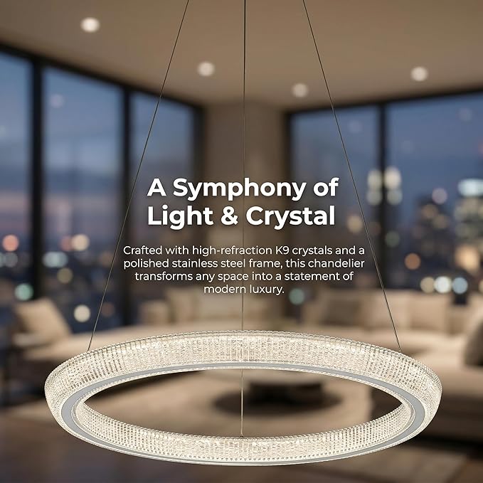 23.6" Modern Ring Crystal Chandelier, Adjustable Height Dining Room Light Fixture Over Table, Hanging Pendant Lights for Kitchen Island Entryway Foyer (Chrome, 23.6" Ring-Crystal)