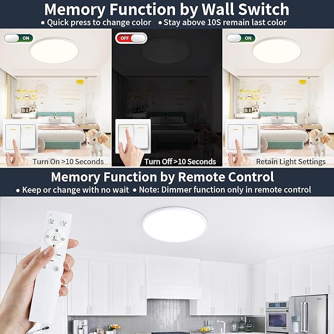 11 Inch Flush Mount Ceiling Light with Night Light, 24W 2400LM, Dimmable LED Ceiling Lights Fixture with Remote Control, 3000K/4000K/6500K Selectable, Slim Bright Bedroom Light Fixture, Round White