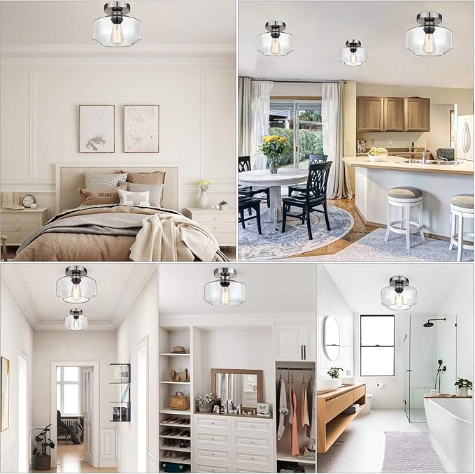 MAXvolador Industrial Semi Flush Mount Ceiling Light Brushed Nickel, Clear Glass Pendant Lamp Shade Farmhouse Lighting Hallway, Hanging Light Fixture