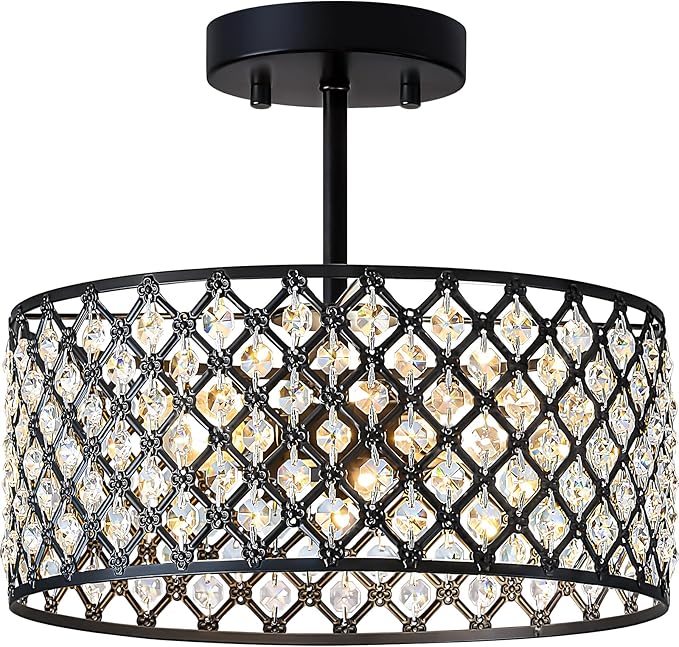 Black Crystal Ceiling Light Fixture,Modern Semi Flush Mount Ceiling Lighting Fixture,Round Small Chandelier for Dining Room, Hallway, Entryway, Kitchen, Bedroom,Foyer,3 Light,12 inch