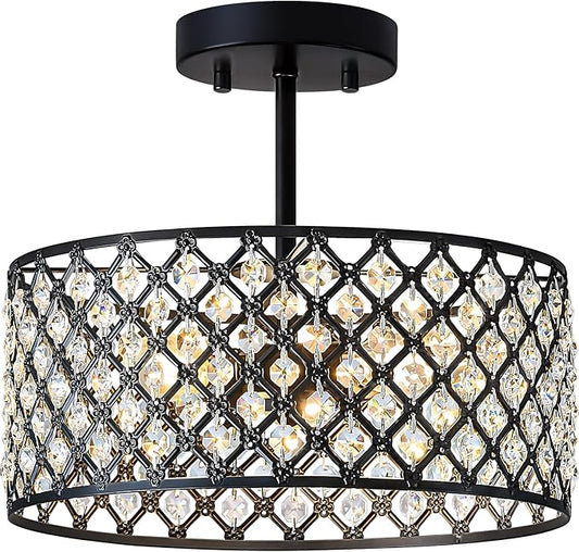 Black Crystal Ceiling Light Fixture,Modern Semi Flush Mount Ceiling Lighting Fixture,Round Small Chandelier for Dining Room, Hallway, Entryway, Kitchen, Bedroom,Foyer,3 Light,12 inch