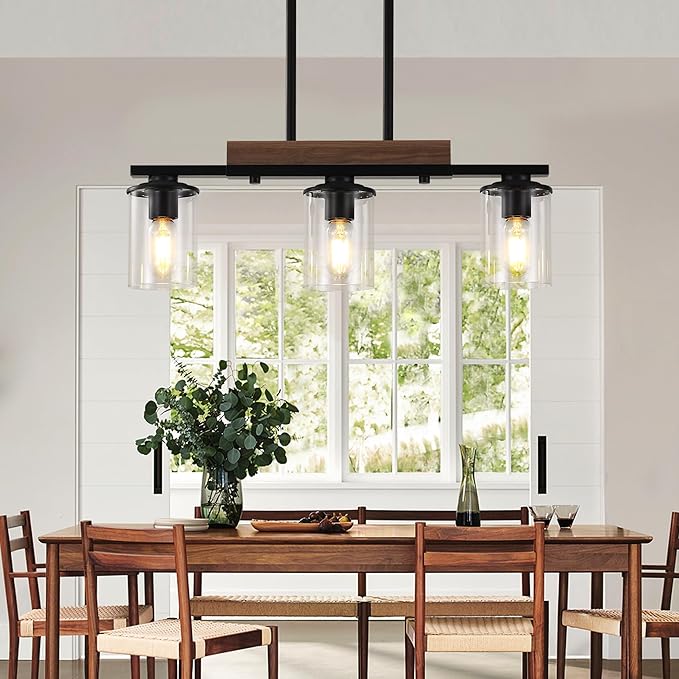 23.6'' Kitchen Island Light Fixtures, 3-Light Dining Room Light Fixture Chandelier Over Table, Black Modern Rustic Wood Ceiling Pendant Light Fixtures, with Clear Glass Shade, Farmhouse Chandelier