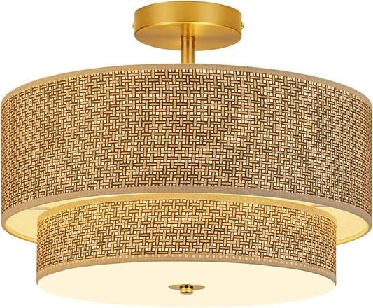 16 Inch Woven Rattan Linen Semi Flush Mount Ceiling Light Fixture, Modern Boho Drum Lamp for Bedroom, Kitchen, Dining Room, Living Room, Hallway, Entryway, Farmhouse Gold Wicker Chandelier