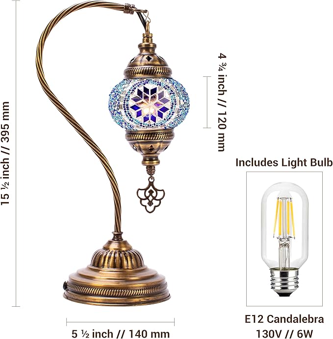 Turkish Mosaic Lamp, Blue Handmade Moroccon Lamp, Decorative Glass Antique Bohemian Vintage Colorful, Swan Neck Bedside Table Desk Lamp, (LED Bulb Included)