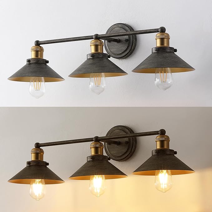JONATHAN Y 26.5" Rustic Dark Gray/Brass Gold 3-Light Industrial Farmhouse Metal Vanity Light Wall Sconce, Metal Shade for Bathroom Mirror, Kitchen, Entryway, LED Bulb Included (JYL7428D)