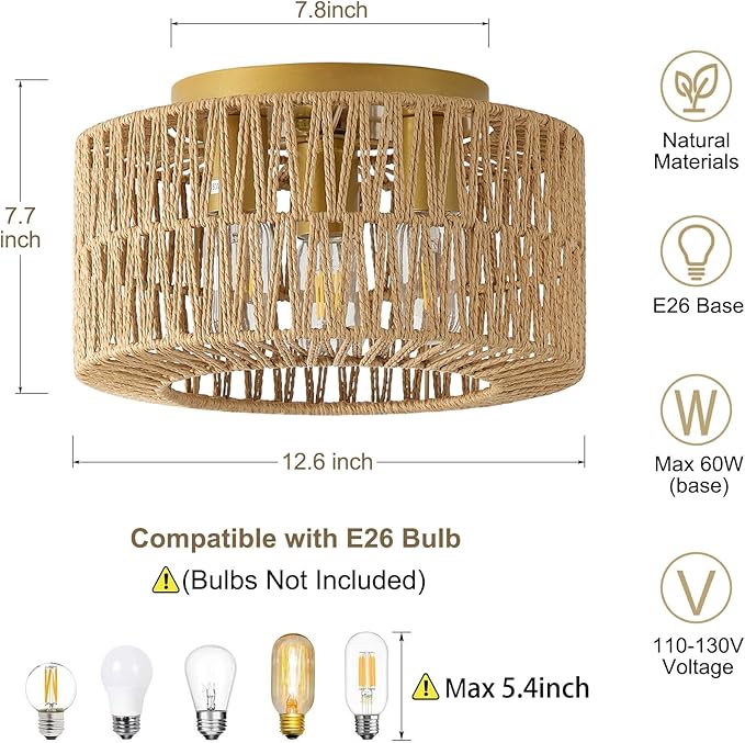 12.6”Rattan Flush Mount Ceiling Light Fixtures, 3-Light Boho Light Fixture Rattan Hand-Woven Chandelier Close to Ceiling Light Fixture for Bedroom Hallway Kitchen Dining Room Nursery(Brown)