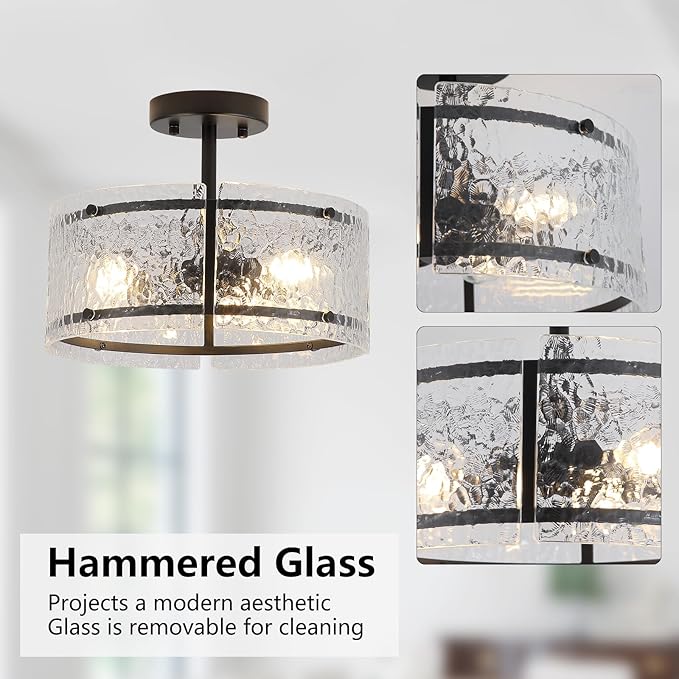 Black Semi Flush Mount Ceiling Light, 3-Light Foyer Lighting Fixtures, 12.6" Glass Hallway Entryway Ceiling Light Fixture for Dining Room Kitchen Bedroom Living Room