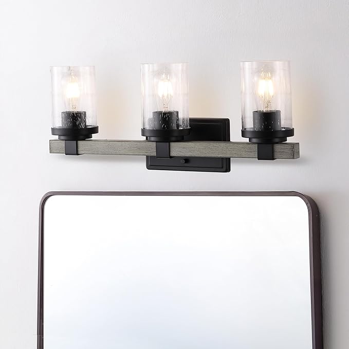JONATHAN Y 22.75" Black/Gray Oak Wood Finish LED Vanity Light, Rustic Farmhouse Sconce, Clear Seeded Glass Shade, Industrial Wall Lamp for Bathroom Mirror, Kitchen Sink, LED Bulb (JYL7509B)
