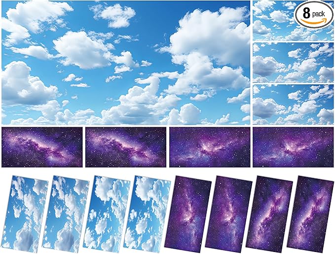 Wiooffen 8Pcs Fluorescent Light Covers for Classroom Ceiling Light 4x2Ft Magnetic Lights Covers Filter Easy Install for Office School Hospitals Ceiling Supply(Purple Starry Sky, White Cloud)