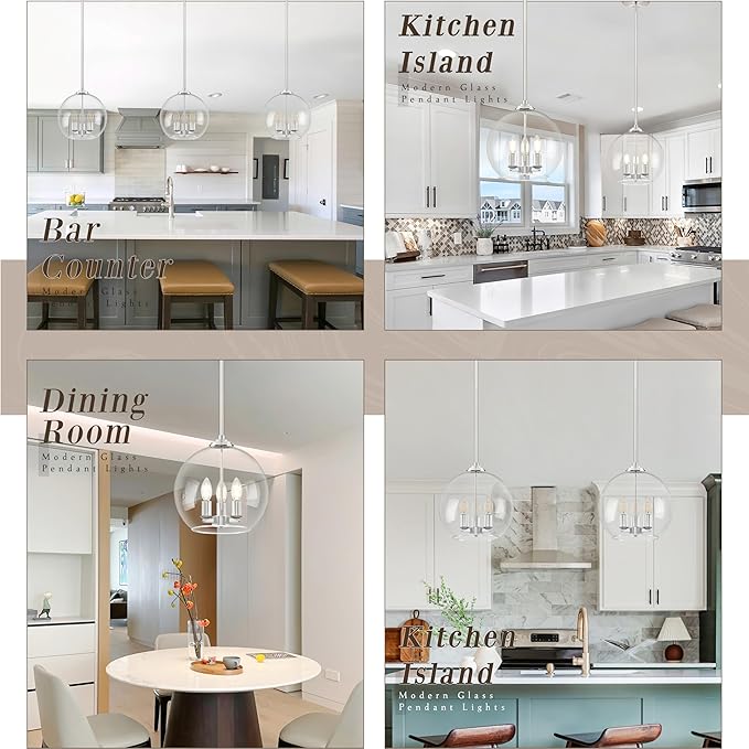 12" Globe Pendant Lights Kitchen Island Glass Globe Pendant Light Fixture Bedroom Mid Century Modern Pendant Lighting Nickel Pendant Light for Kitchen Island Dinning Room (Bulb Incl.)