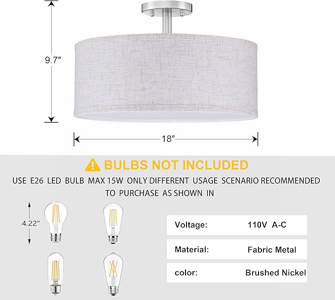 18 Inch Drum Brushed Nickel 4 Light Semi Flush Mount Close to Ceiling Light Fixture,Linen Fabric Shade for Bedroom,Living Room,Dining Room Hallway