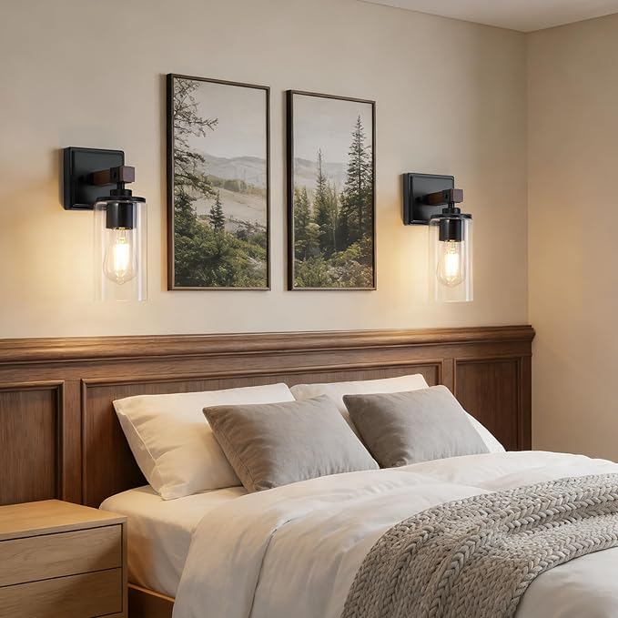 Wall Sconces Set of 2, Farmhouse Rustic Vanity Lights, Dark Brown Wood Grain Rustic Wall Sconce with Clear Glass Shade for Mirror, Bathroom, Bedroom, Hallway, E26, Hardwired(Bulbs Not Included)