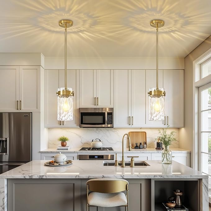 Hammered Glass Pendant Lighting for Kitchen Island 2 Pack, Modern Brushed Gold Pendant Light Fixtures 4.72", Adjustable Ceiling Pendant Light for Kitchen Island Dining Room Hallway