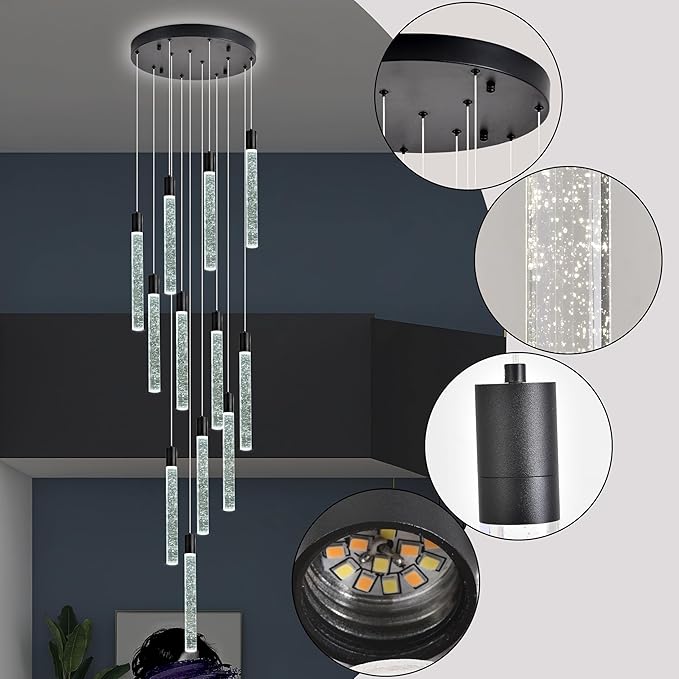12-Light 137.79'' High Ceiling Chandeliers Modern Crystal Chandeliers for Entryway Long Spiral LED Dimmable Chandelier Flush Mount Ceiling Staircase Foyer Living Room Ceilings Light Fixture