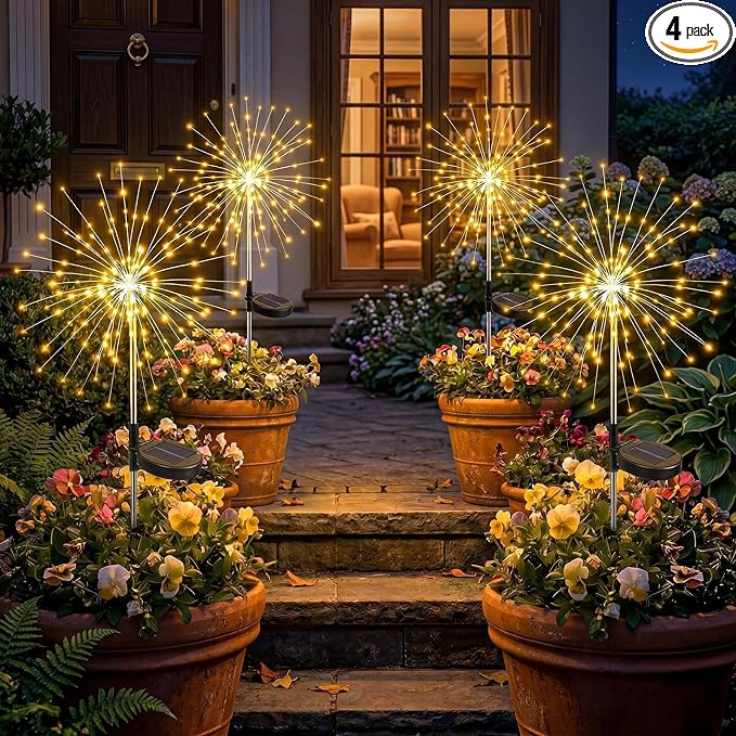 Solar Firework Lights Outdoor 4 Pack, 120LED Solar Starburst Garden Lights with 8 Modes,Waterproof Decorative Sparkler Light for Backyard, Garden, Patio & Lawn Landscape Decor