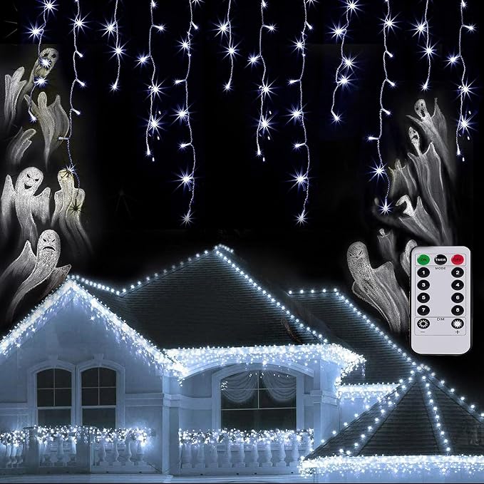Outdoor Icicle Lights for Outside,9.8FT String Lights with Remote Timer, Battery Powered Hanging Window Wall Dripping Ice Light Waterproof for House Garden Yard Decor(White)