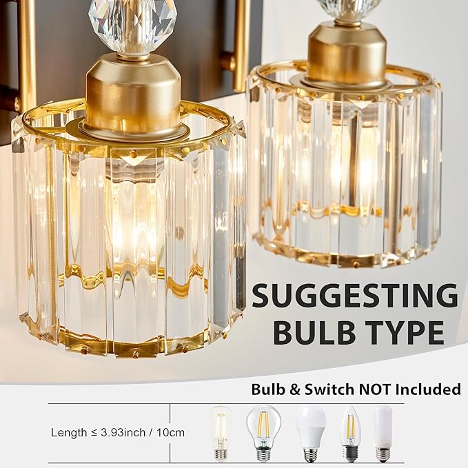 DIAMONDFORGE Bathroom Vanity Light Fixtures Over Mirror, Makeup Lighting for Modern Wall, Bath, Desk, Farmhouse, Hallway, 3 Crystal Lights, Black Gold