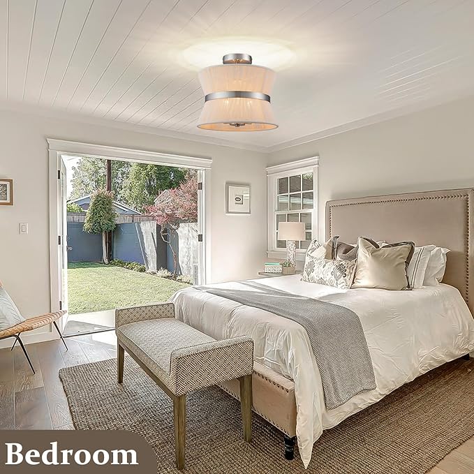 Brushed Nickel Semi Flush Mount Ceiling Light Fixture 12.6” Modern Drum Bedroom Ceiling Lighting 3-Light Beige Close to Ceiling Lamp for Kitchen Living Dining Room Hallway Bathroom Entryway Foyer