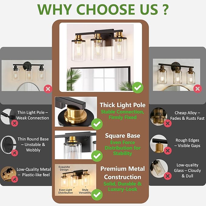 DORESshop Bathroom Light Fixtures, 3-Light Black and Gold Bathroom Lights Over Mirror with Clear Glass Shade,Vanity Lights for Bathroom Hallway Bedroom Living Room, ETL Listed
