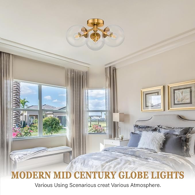 3-Light Modern Gold Semi Flush Mount Ceiling Lights Clear Glass Globe Ceiling Lights Mid Century Brass Chandelier Modern Sputnik Ceilings Light Fixture for Bedroom Hallway Entryway Living Room