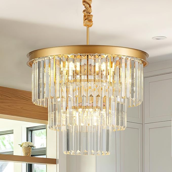 8-Light Gold Crystal Pendant Light, 3-Tier 17.76" Luxury Crystal Pendant Light Perfect for Dining Room, Bedroom, Kitchen, Living Room
