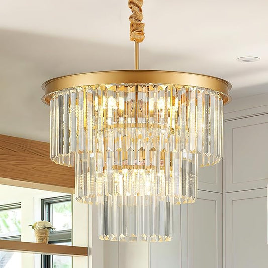 8-Light Gold Crystal Pendant Light, 3-Tier 17.76" Luxury Crystal Pendant Light Perfect for Dining Room, Bedroom, Kitchen, Living Room