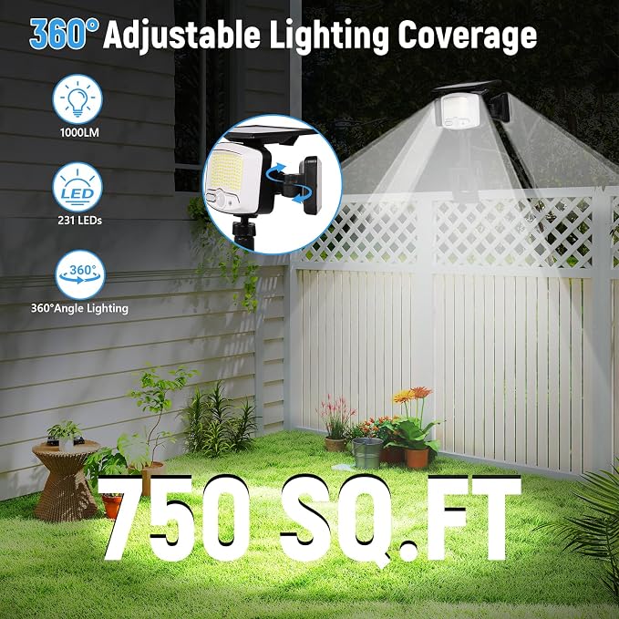 Clip on Solar Lights Outdoor with 3 Heads & 360°Angle Lighting, 1000LM 231 LEDs Motion Sensor Outdoor Lights, IP65 Waterproof Dual Charging Security Flood Light for Patio Fence Gutter (2 Pack)