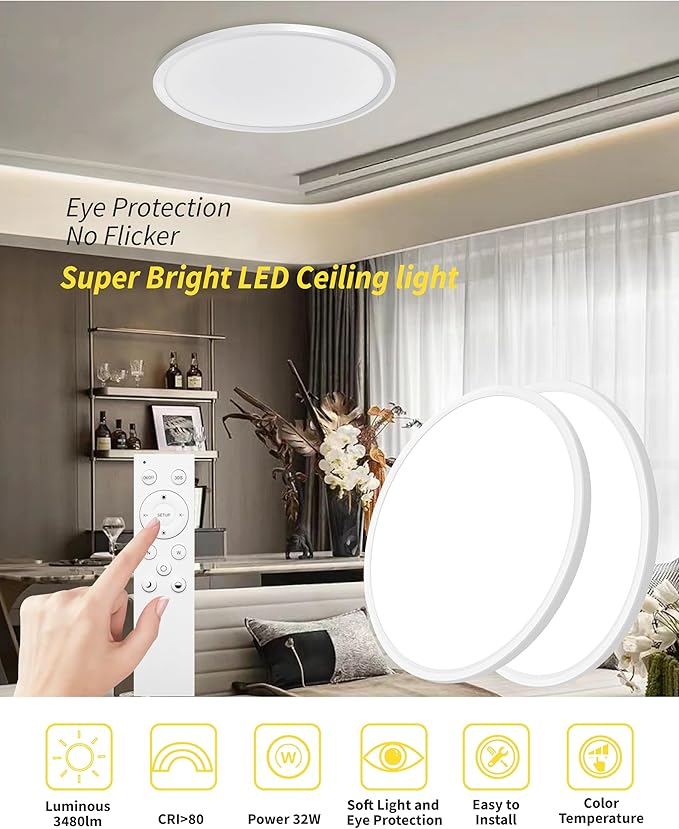 2Pack 16 Inch Remote Control Dimmable LED Flush Mount Ceiling Light Panel,32W 3840LM,2700K-6000K Adjustable Color,Ultra Thin Round Ceiling Light Fixture for Hallway Kitchen Bedroom Home Office (White)
