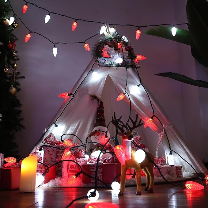 Brizled Red & White String Lights, 16.5FT 25 LED C9 Christmas Lights, Connectable Xmas Tree Light, Waterproof Strawberry String Light for Indoor Roof Garden Patio Pathway Tree Valentine's Day Party