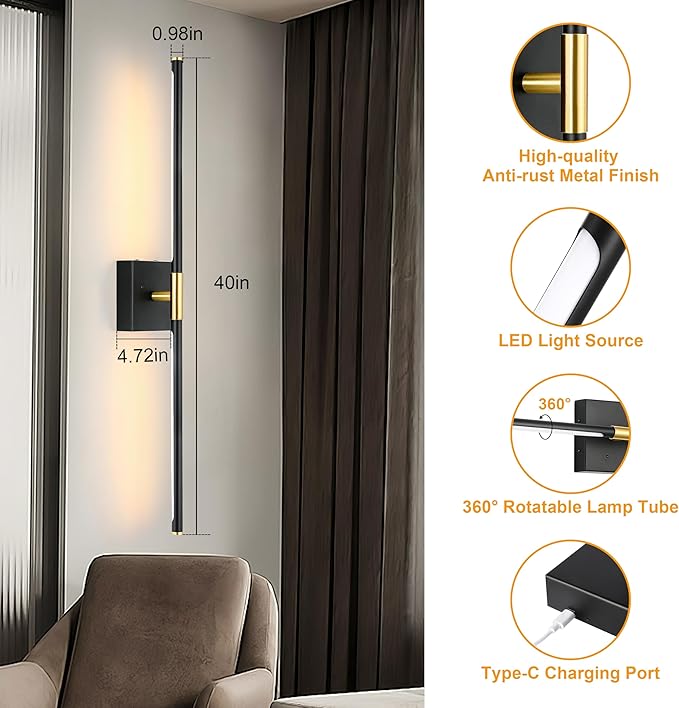 Morauroral 40 Inch Battery Operated Wall Sconce Set of Two, Dimmable Wall Sconces with Remote Control, Black Gold Rechargeable Sconces, Modern Wireless Wall Lights for Bathroom, Bedroom,Living Room