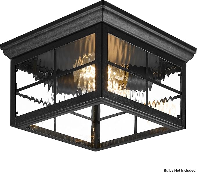 Maxxima Outdoor Flush Mount Ceiling Light Fixture, Black w/Water Glass, 2-Light Square Farmhouse Porch or Patio Light, Close to Ceiling Entryway Outdoor Light, Bulbs Not Included