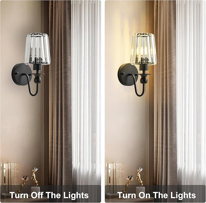 KARTOOSH Hardwired Crystal Wall Sconces Set of Two - Dimmable Wall Light Fixtures 3000K, Warm White, for Hallway, Bathroom, Living Room, Bedroom, Black, 11.2 Inch