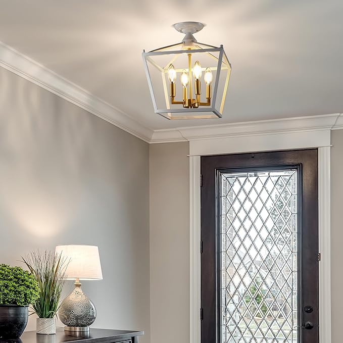 JONATHAN Y 12" White/Brass Gold Modern Farmhouse Pagoda 4-Light LED Semi Flush Mount Lantern, Metal Ceiling Light Fixture for Kitchen, Hallway, Entryway, Bedroom, Hardwired (JYL7610F)