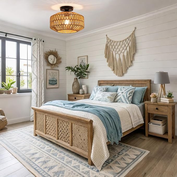 Rattan Boho Ceiling Light Fixture,Bohemian Woven Flush Mount Ceiling Light, Boho Chandelier Light Fixture Flush Mount for Hallway, Bedroom, Kitchen, Living Room, Entryway E26 1 Light