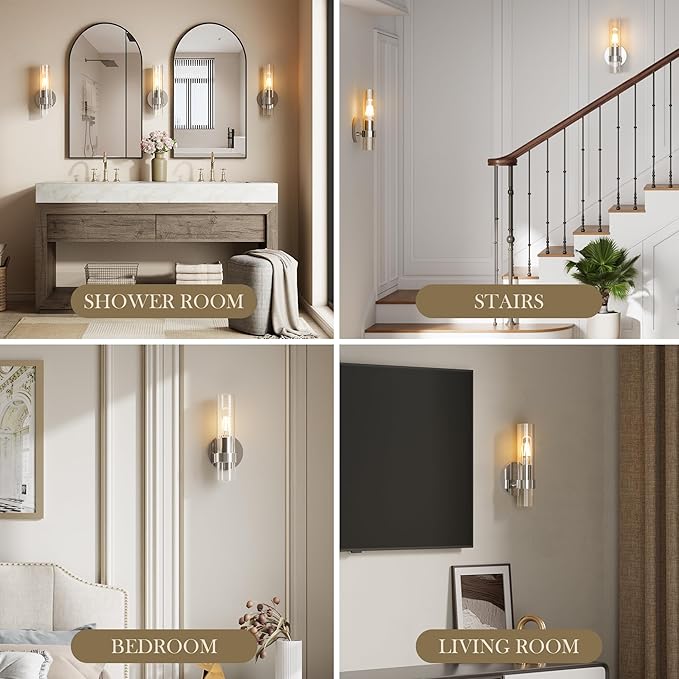 Wall Sconce Set of Two, Hardwired Bathroom Wall Sconces Lighting with Clear Glass, Modern Wall Sconces Set of 2 Wall Light fixtures for Bathroom Mirror Living Room Hallway Bedroom(Silver)