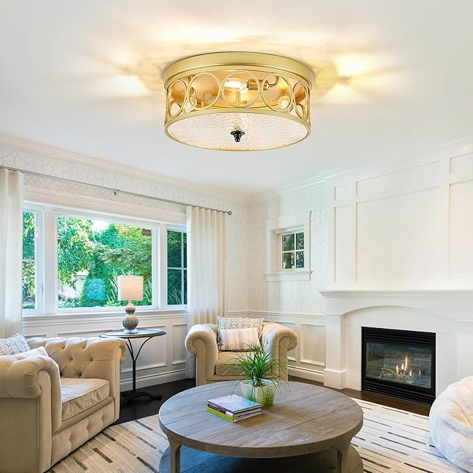 4-Light Flush Mount Ceiling Light Fixtures,15.2in Gold Metal Farmhouse Ceiling Lighting with Clear Glass & E12 Socket,for Kitchen Island, Bedroom, Entryway, Dining Room