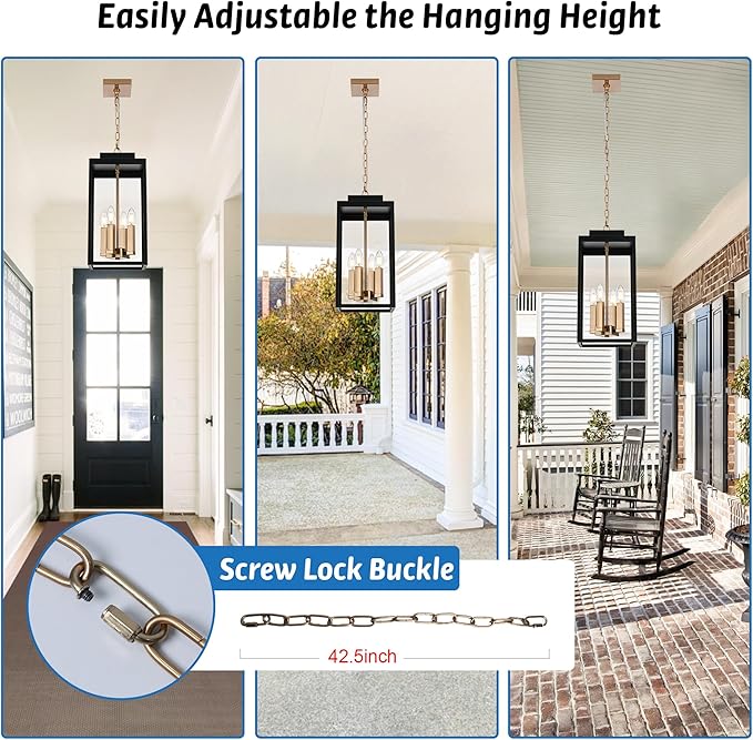 MELUCEE Large Outdoor Lantern Pendant Lights Outdoor Chandelier Black Brass, 4-Light Farmhouse Pendant Light Exterior Ceiling Mount Hanging Lantern with Clear Glass for Porch Entrance Gazebo