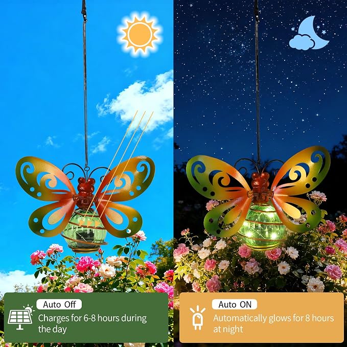 2 Pack Butterfly Garden Decor with Bouncy Springs Pendant Lights Birthday Gifts for Women Mom,Hanging Solar Lights Outside Waterproof Metal Solar Outdoor Decoration for Yard, Porch,Patio,Backyard