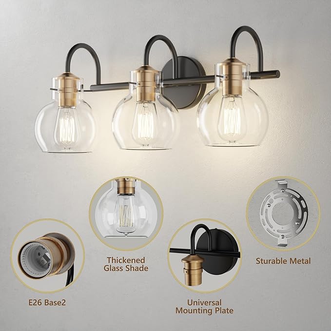 Bathroom Light Fixtures, Black and Copper 3 Light Bathroom Vanity Light, Modern Wall Sconce Black with Red Copper, Vanity Lights Over Mirror with Globe Glass Shade and Metal Base
