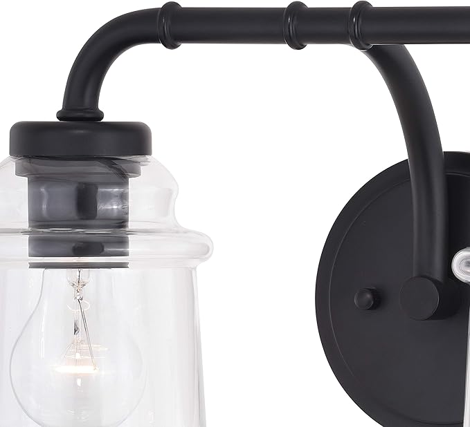 VAXCEL Toledo 2-Light 14.75 inch Wide Matte Black Industrial Bathroom Vanity Lighting Fixture, Clear Glass Shade, Dimmable, LED Compatible, Over The Mirror Mounted Steel Wall Sconce