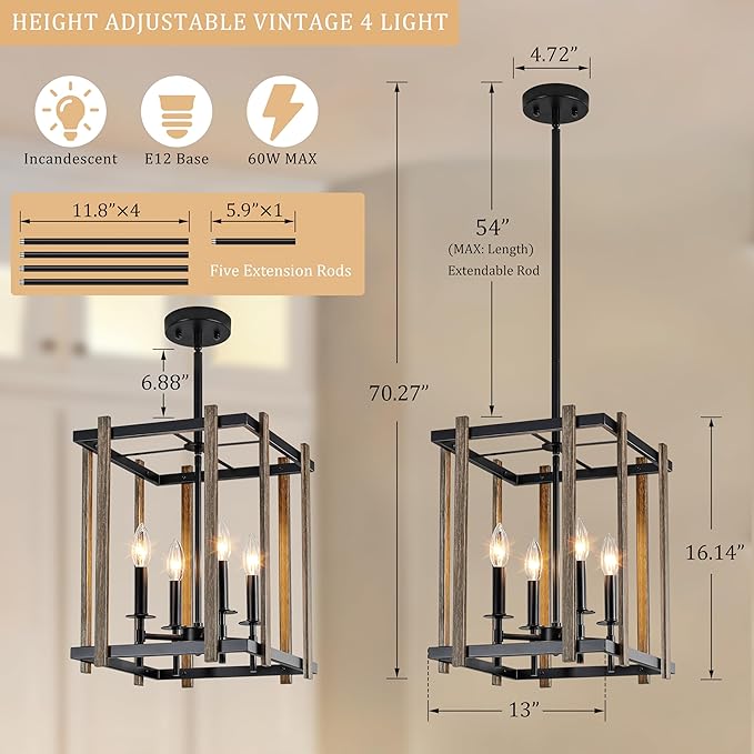 4-Light Farmhouse Chandelier Faux Wood Chandeliers Dining Room Light Fixture Adjustable Rustic Cage Pendant Light Fixtures for Kitchen Island Entryway Bedroom